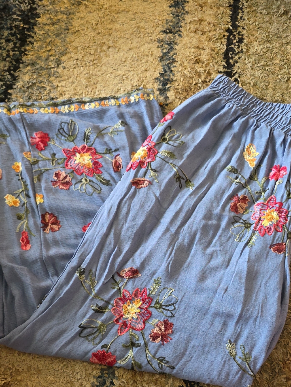Embroidered Wide-Leg Pants in Light Blue with Floral Detail